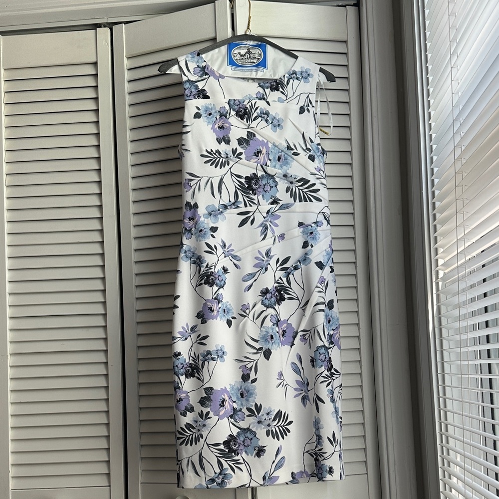 Calvin Klein White Midi Sheath Dress with Lavender Floral Print